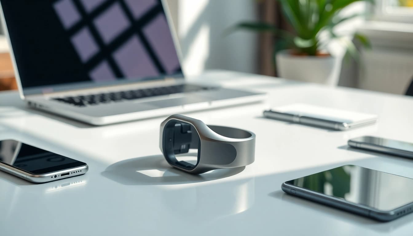 Showcase of the Ringconn smart wearable on a modern desk, emphasizing technology and innovation.