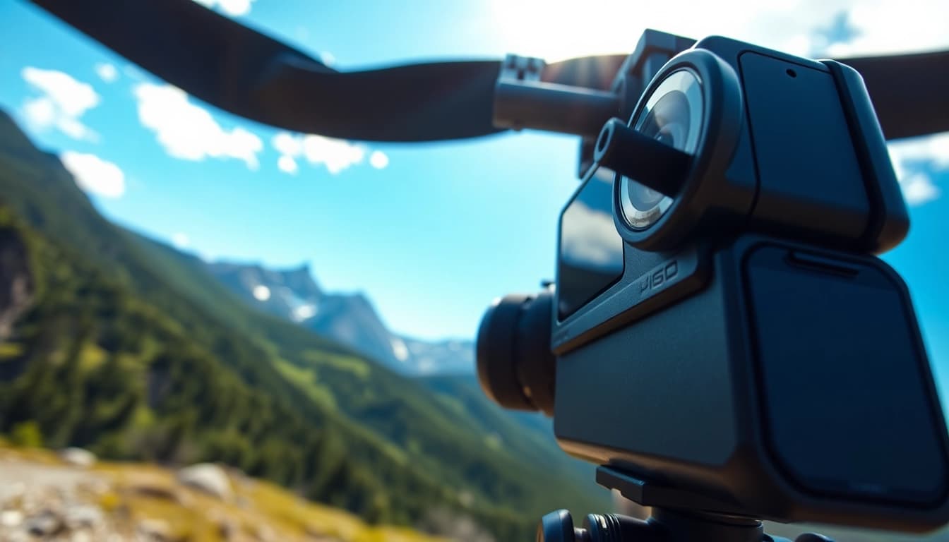 Capture the Insta360 X5 performing in a vibrant outdoor setting, highlighting its features.