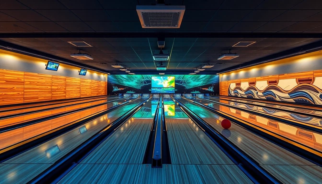 Bowling equipment manufacturer showcasing advanced bowling lanes and state-of-the-art pinsetters.