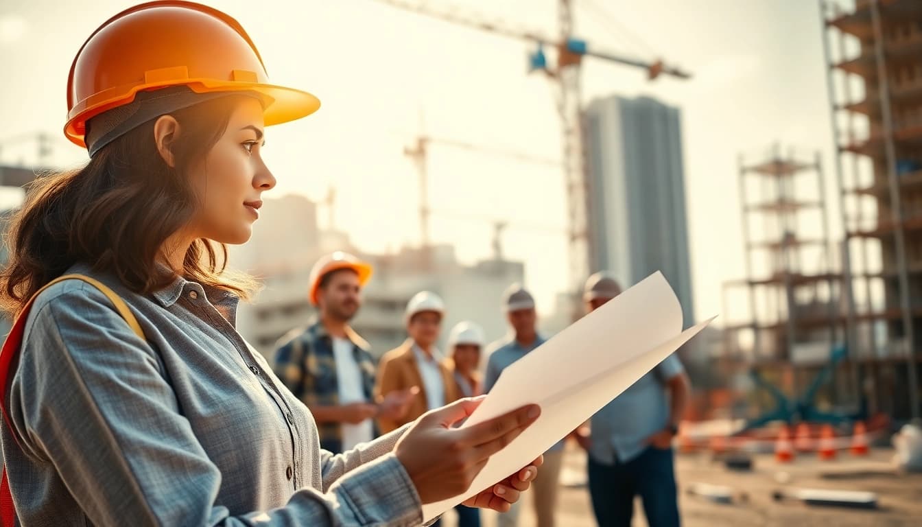 Explore careers in construction showcasing diverse professionals at a busy building site.