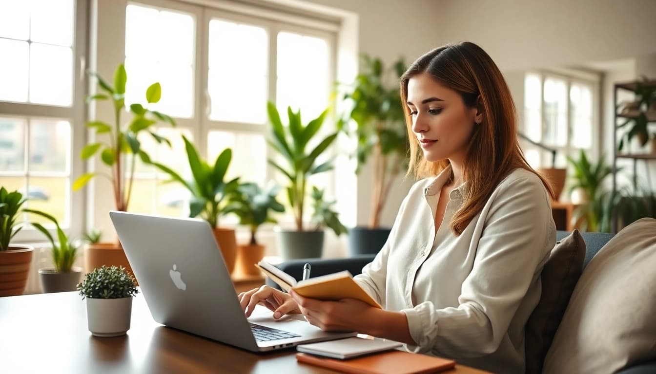 Engaged professional posting remote sales jobs in a bright home office setting.