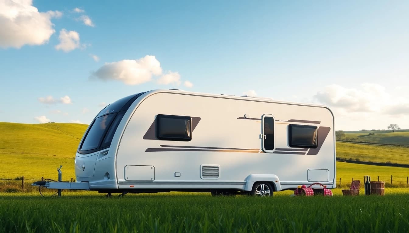 Explore the elegance of Hugh Daly Caravans parked in a serene countryside setting with vibrant colors.