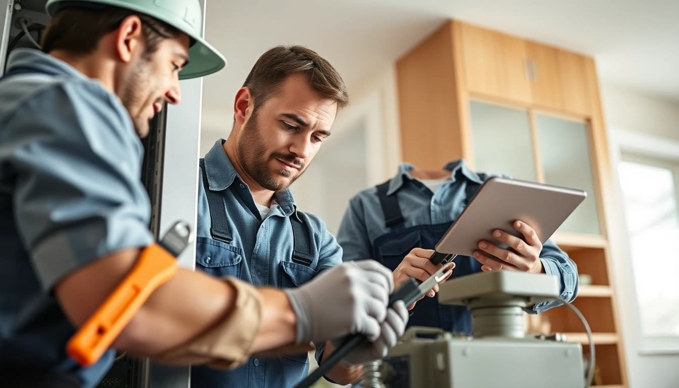 Electricians conducting edmonton electrical maintenance with tools in a modern home setting.