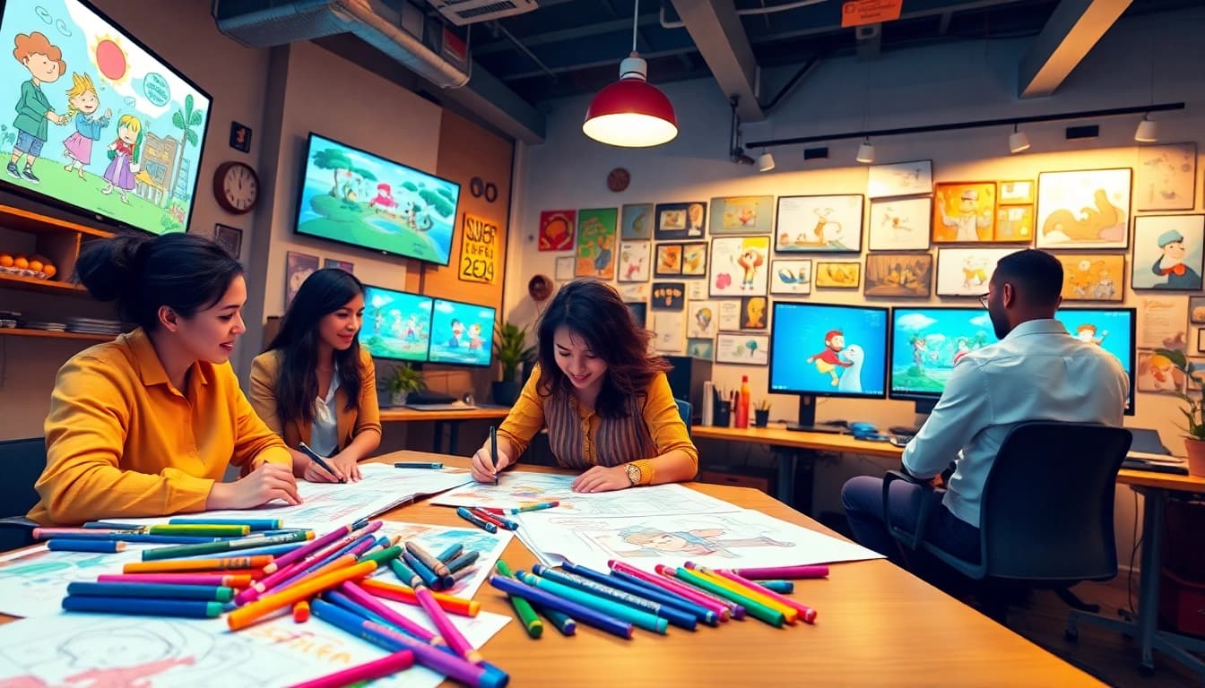 Animation Agency kreative Zusammenarbeit in einem inspirierenden Studio mit lebendigen Skizzen.