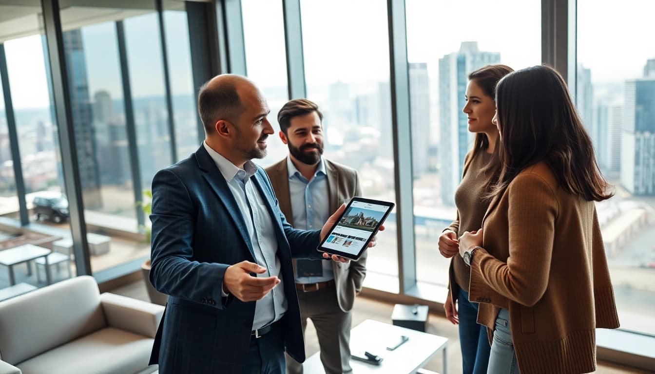 Engaging real estate agent explaining home options to clients in a modern office.