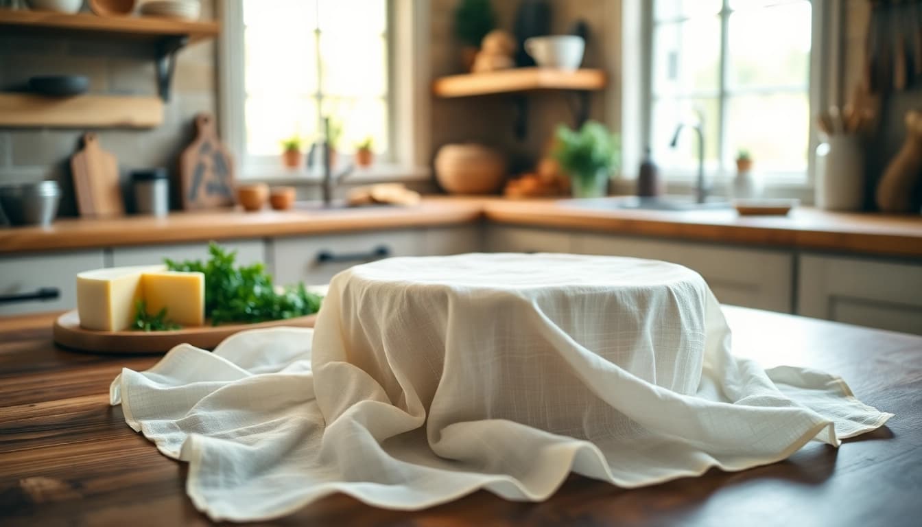 Kaasdoek elegantly draped over a kitchen counter, showcasing its soft texture and kitchen usability.
