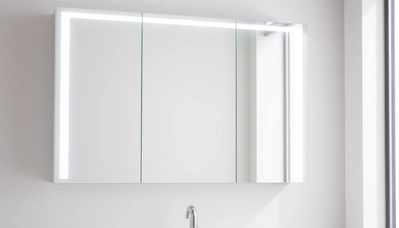 Spiegelschrank mit LED Beleuchtung in modernem Badezimmerdesign zeigt stilvolle Details.