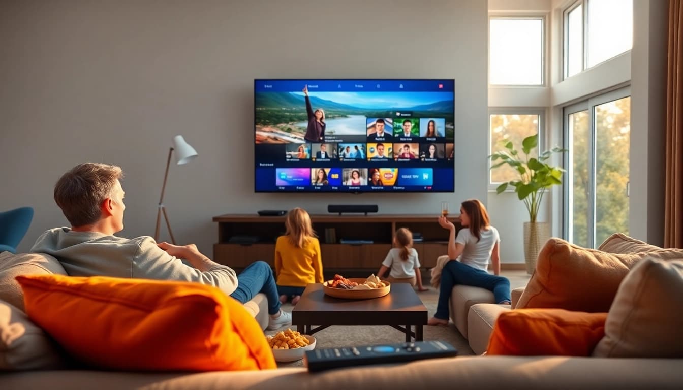 Family watching streaming tv from a large screen in a cozy living room setting.