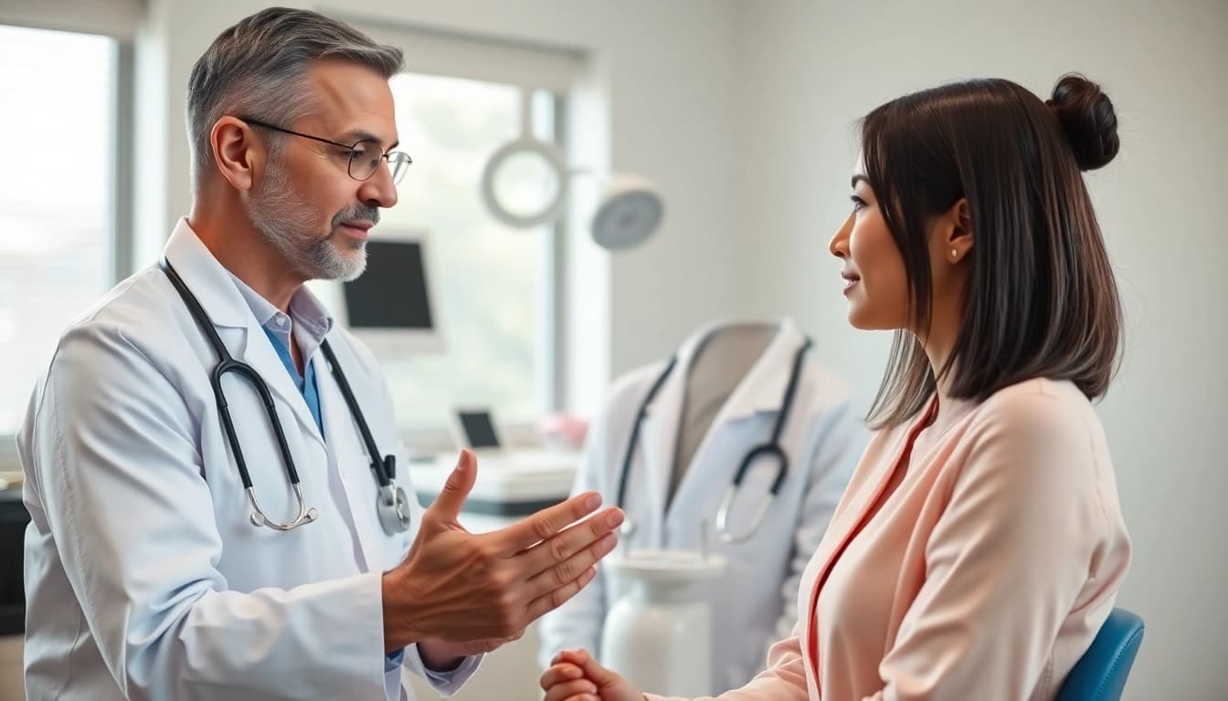 In der plastischen Chirurgie Hamburg, ein Arzt bespricht Behandlungsmöglichkeiten mit einer Patientin.