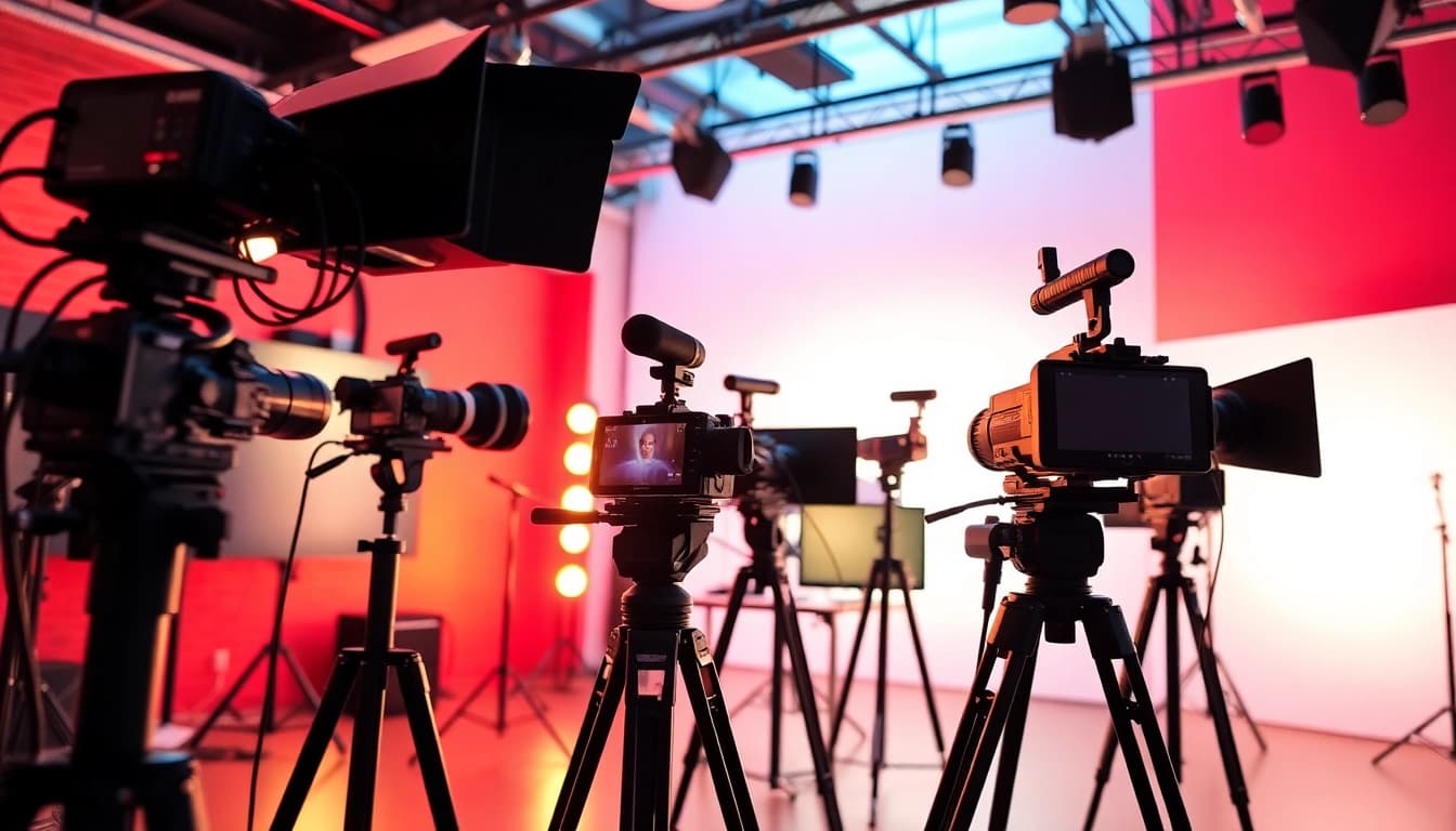 Engaging video production edmonton setup with high-quality equipment in a vibrant studio.