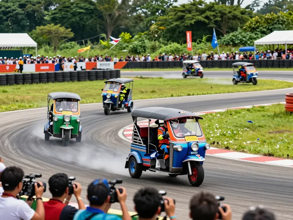 Tuk tuk showdown kenya racing scene with vibrant tuk tuks and cheering crowd during a thrilling competition.