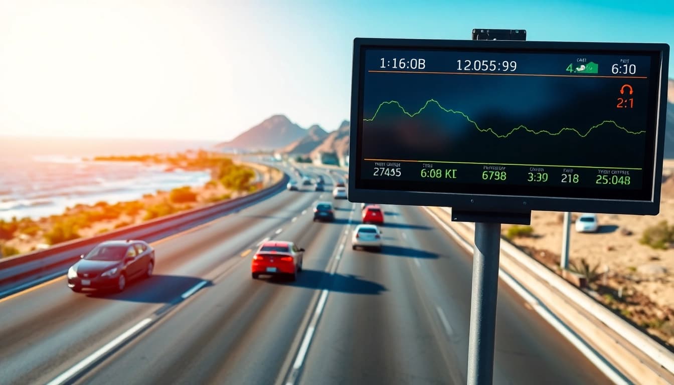 Stay informed with Los Cabos traffic updates, showcasing a busy roadway with real-time data.