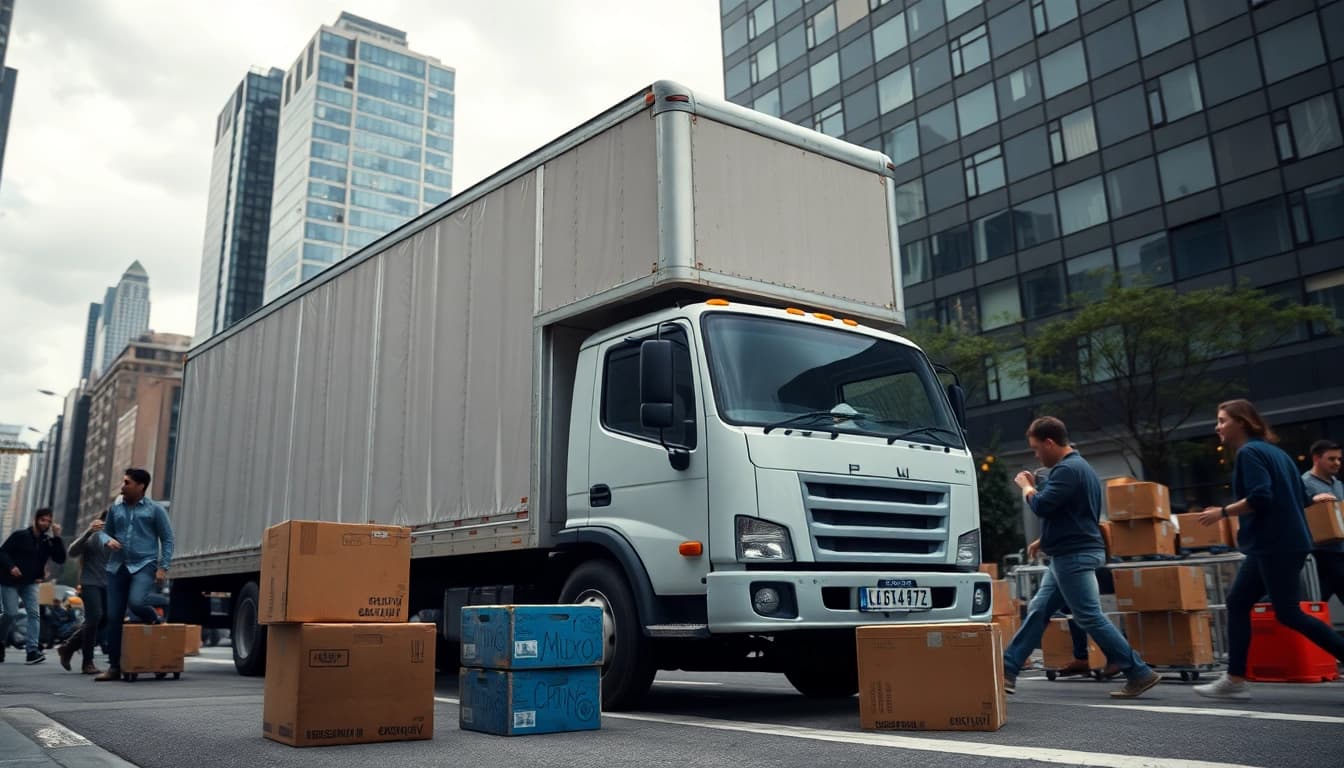 Provincial moving truck in action delivering boxes in a vibrant city setting.