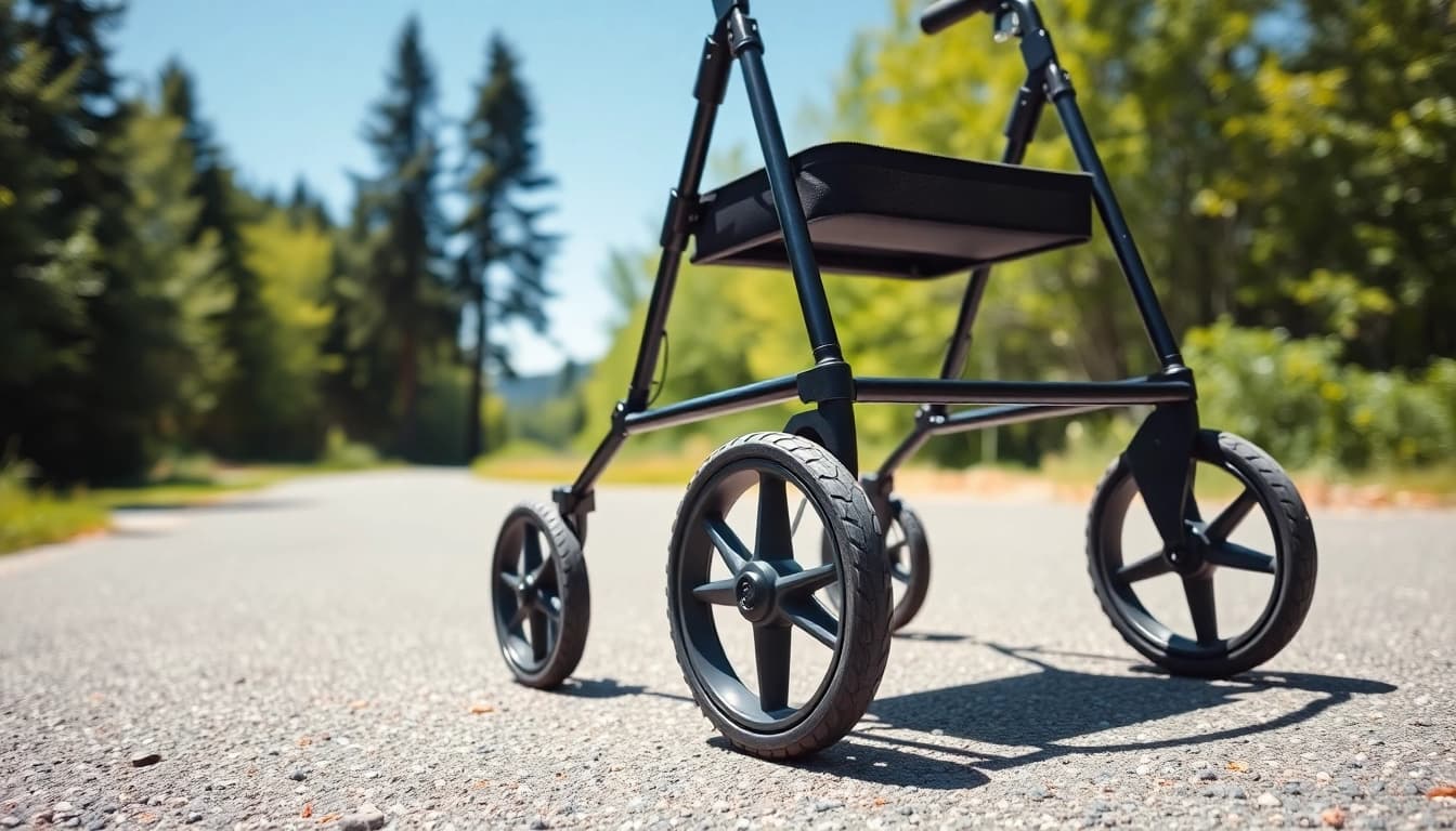 Benutzer mit rollator große räder auf einem Pfad zur Förderung der Mobilität im Freien.