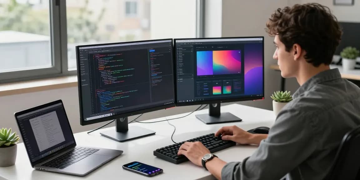Image depicting a developer focused on code and design in a modern office environment, showcasing the essence of 纸飞机下载.