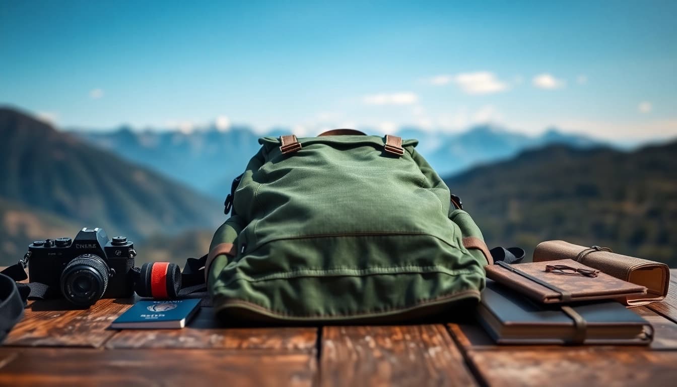 Vidi Rucksack auf einem rustikalen Tisch mit Reisaccessoires, ideal für Outdoor-Abenteuer.