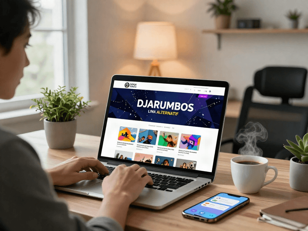 Engaging user browsing DJARUMBOS LINK ALTERNATIF on a modern laptop, showcasing a vibrant digital workspace.