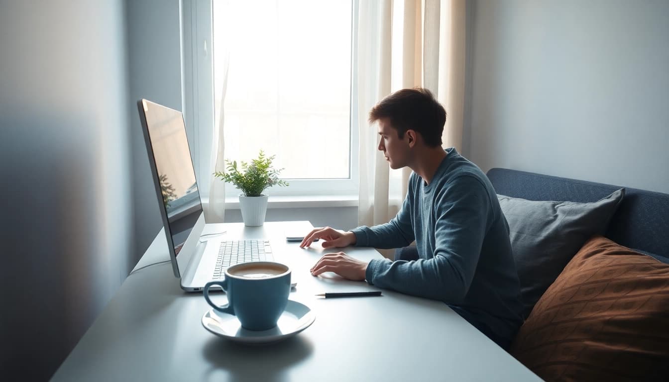 Genera ideas sobre cómo hacer dinero desde casa con un trabajador en su oficina doméstica.
