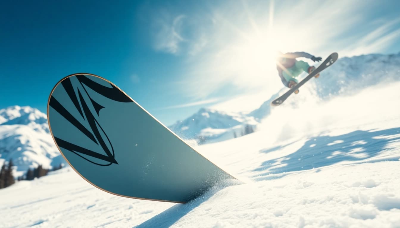 Snowboarder performing a jump over pristine snow, showcasing advanced snowboard design and winter exhilaration.