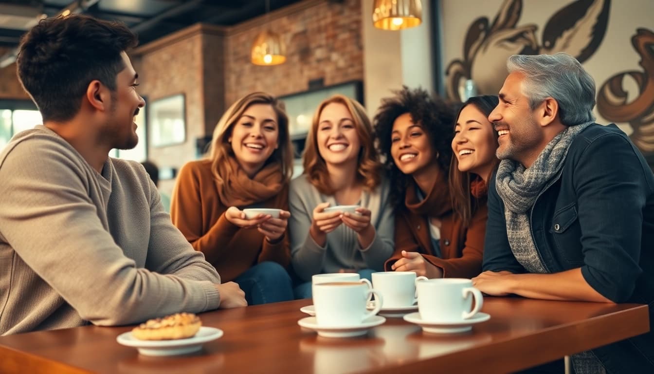 Group of friends sharing laughter, illustrating break the ice meaning and origin in a cozy coffee shop.