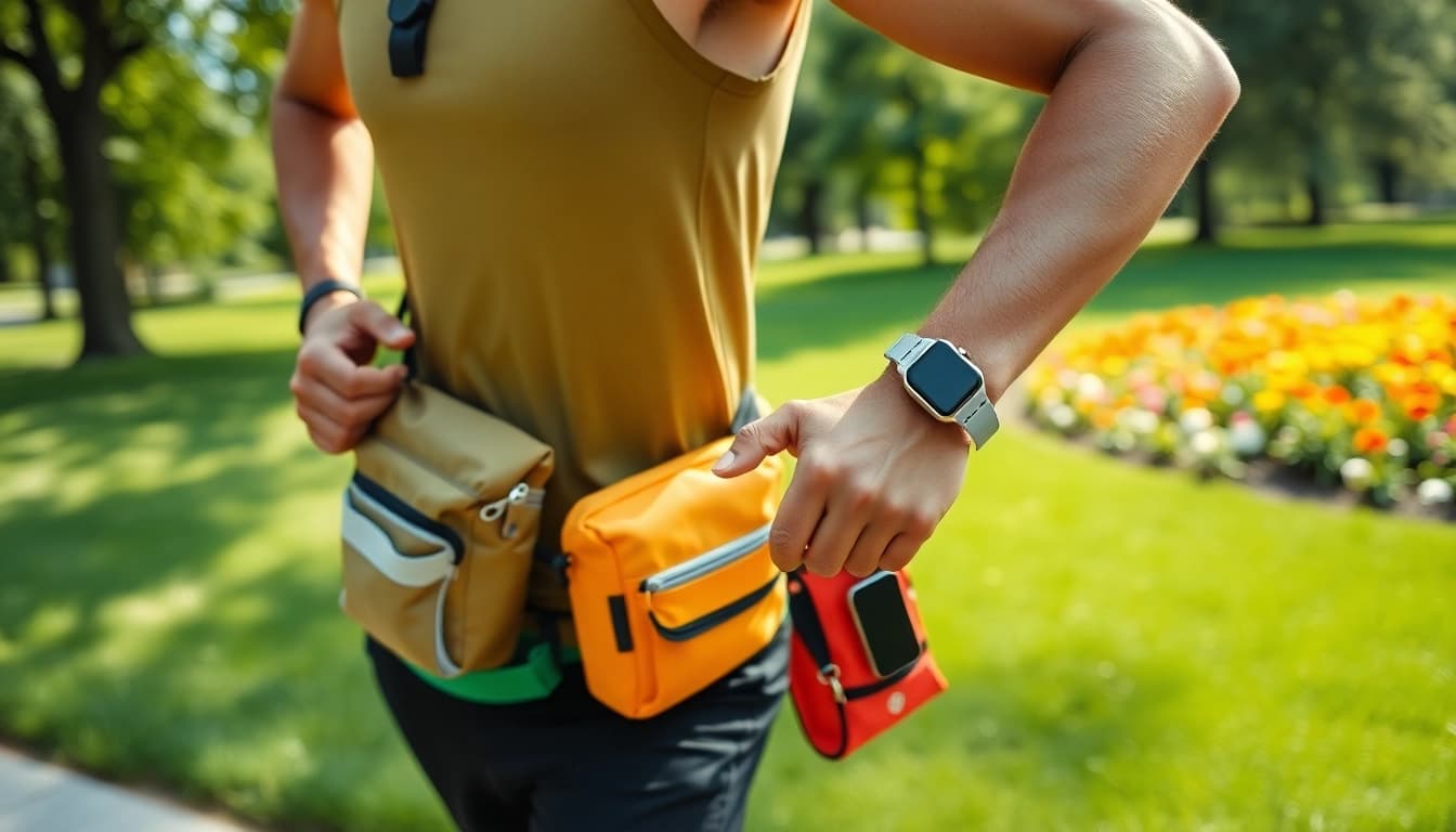 Showcase of running accessories including hydration packs and smartwatches in a vibrant park.