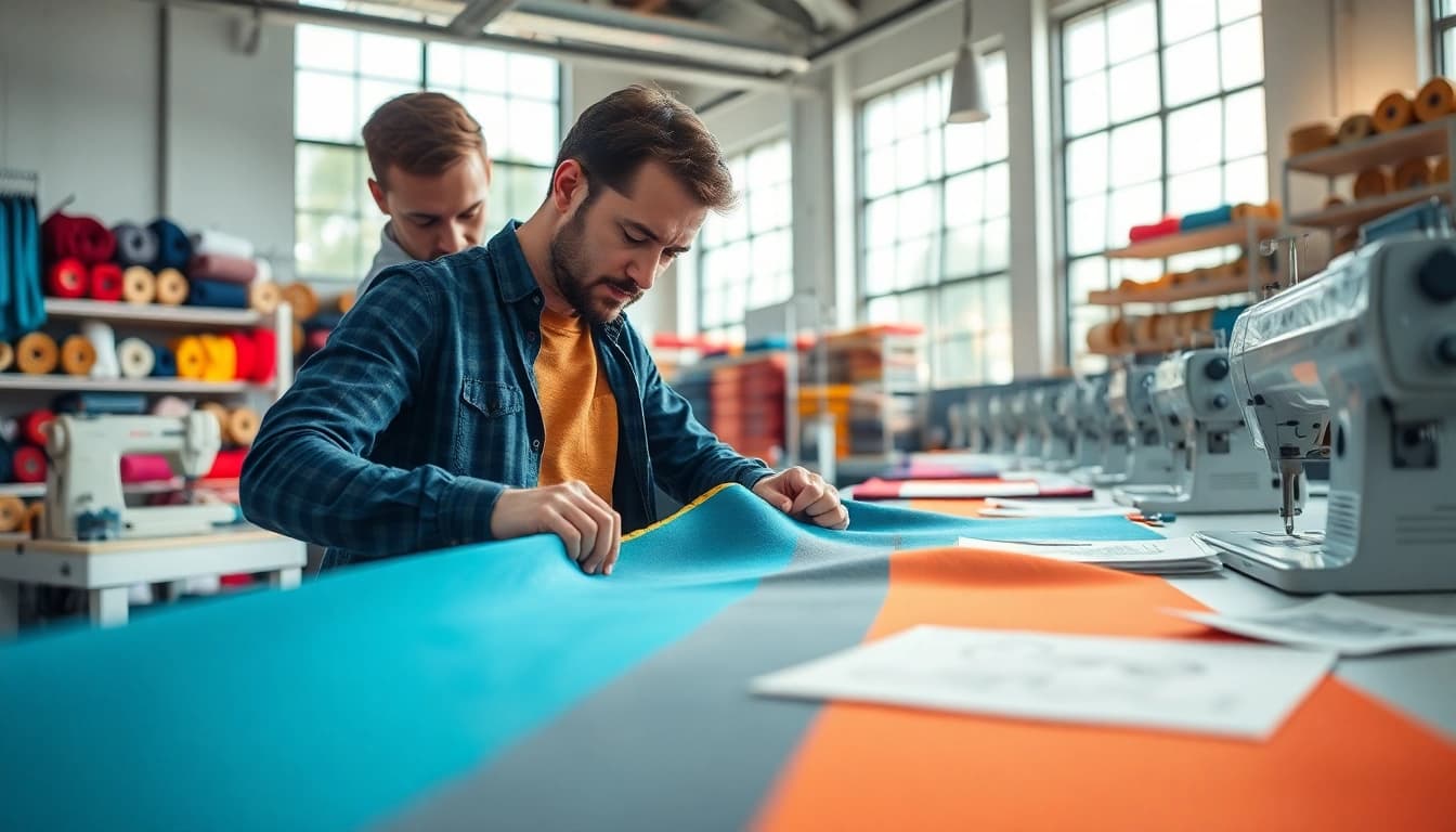 Showcasing apparel manufacturer China with skilled artisans and vibrant textiles in a well-lit workshop.