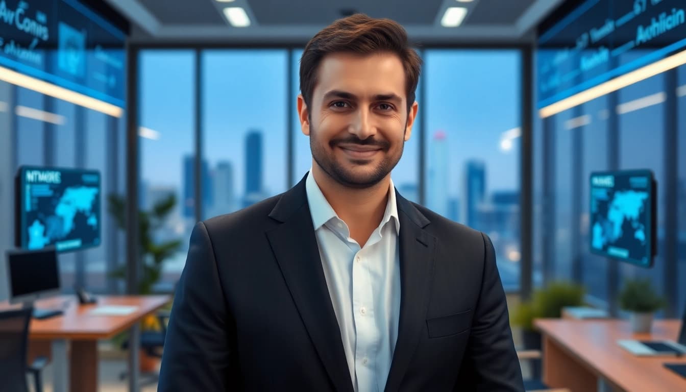 Dinis Guarda presenting in a modern office, showcasing his expertise in AI and Blockchain.