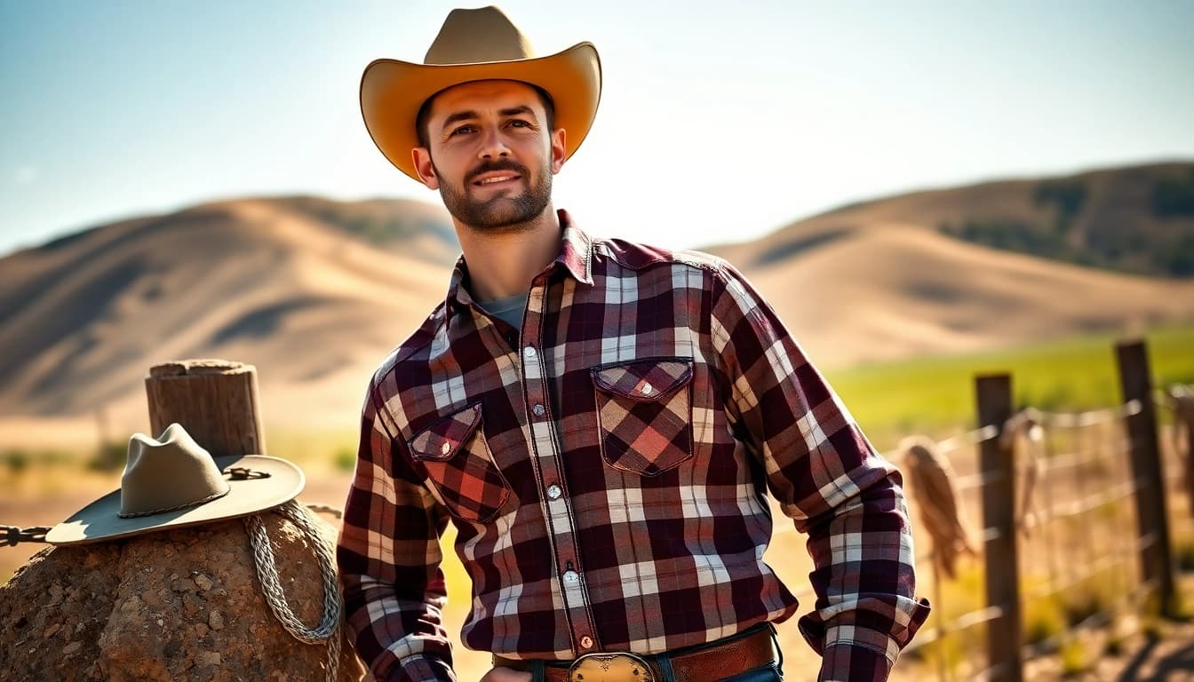 Shop stylish cowboy shirts Canada in a rustic outdoor setting with vibrant colors and a relaxed atmosphere.