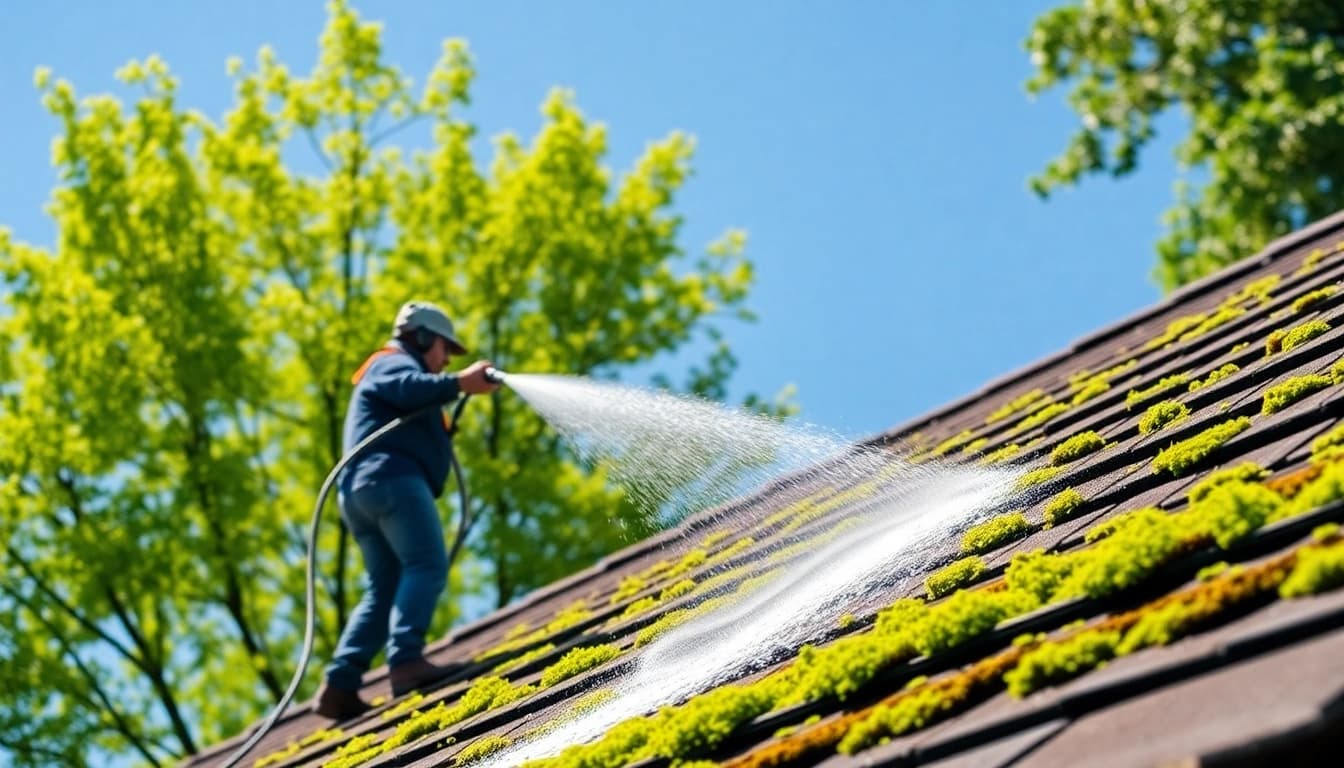 Roof washing Seattle WA by a professional cleaning team removing moss from a roof.