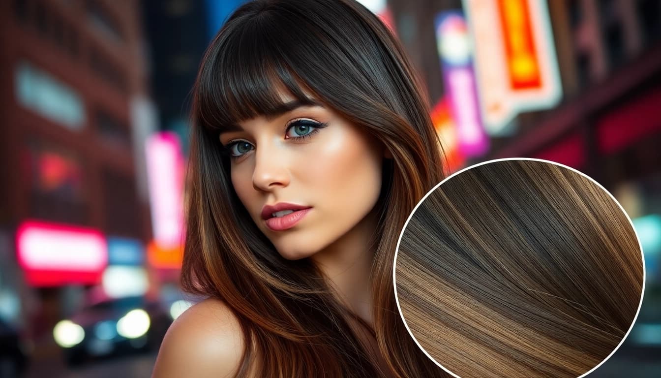 Model highlighting invisi edge clip in hair extensions in a vibrant urban setting with a seamless finish.