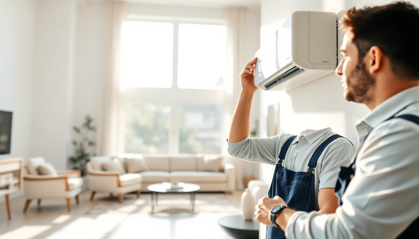 Technician ensuring optimal ductless mini-split installation in a stylish living room.