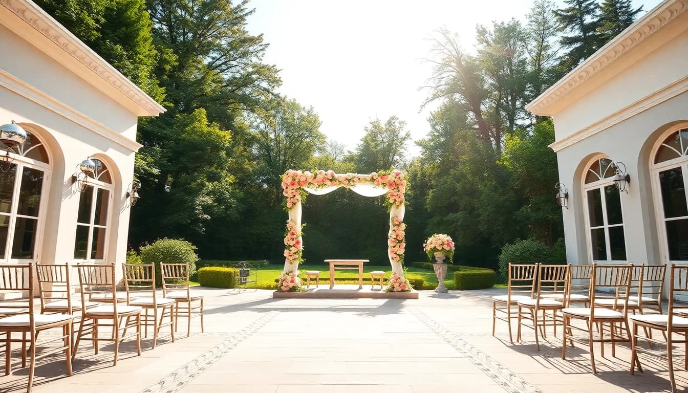 Hochzeitslocation mit üppigem Garten und romantischer Zeremonie-Umgebung an einem sonnigen Tag.