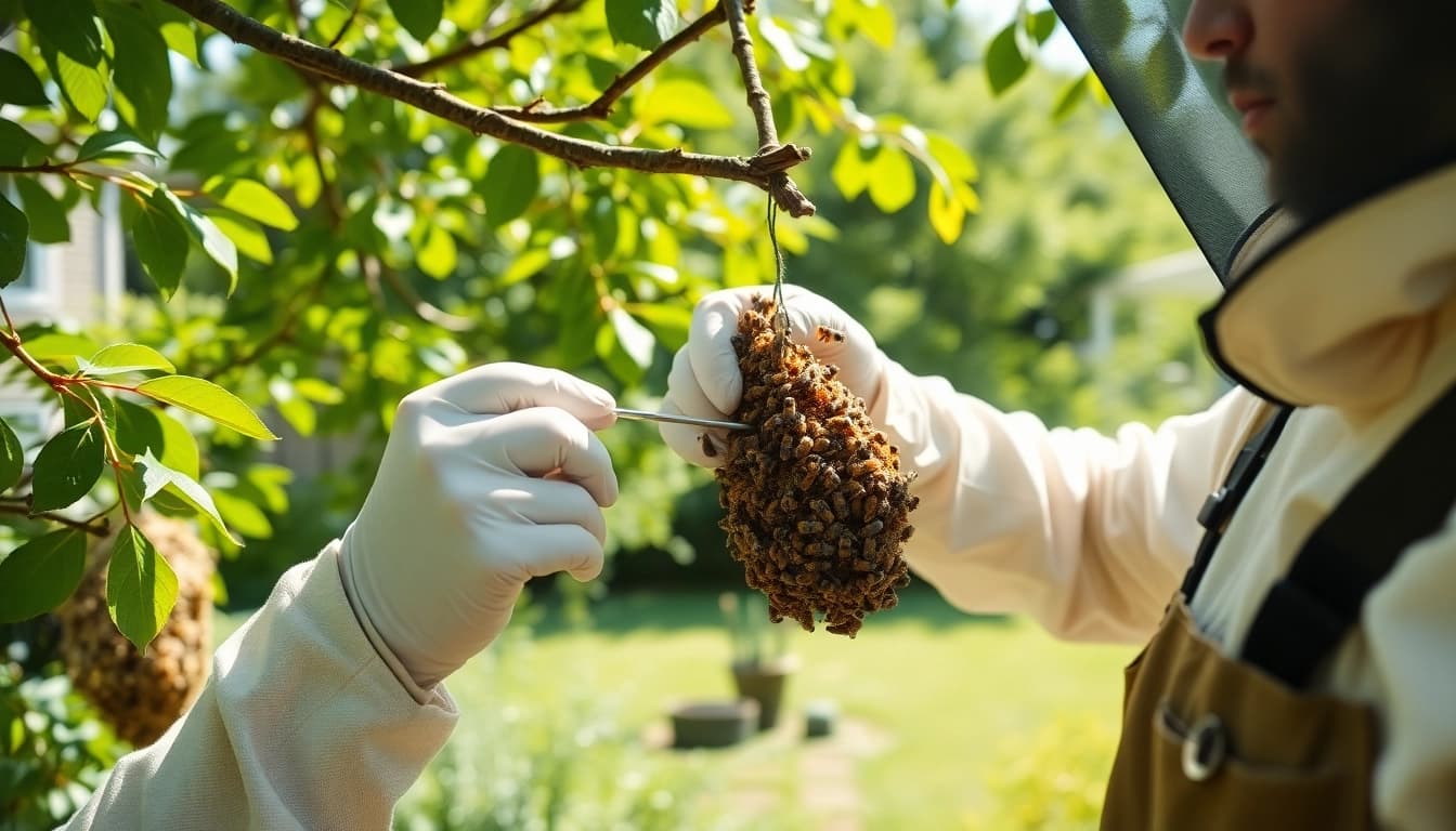 Bee removal service technician carefully extracting a beehive from a tree, emphasizing expert techniques.