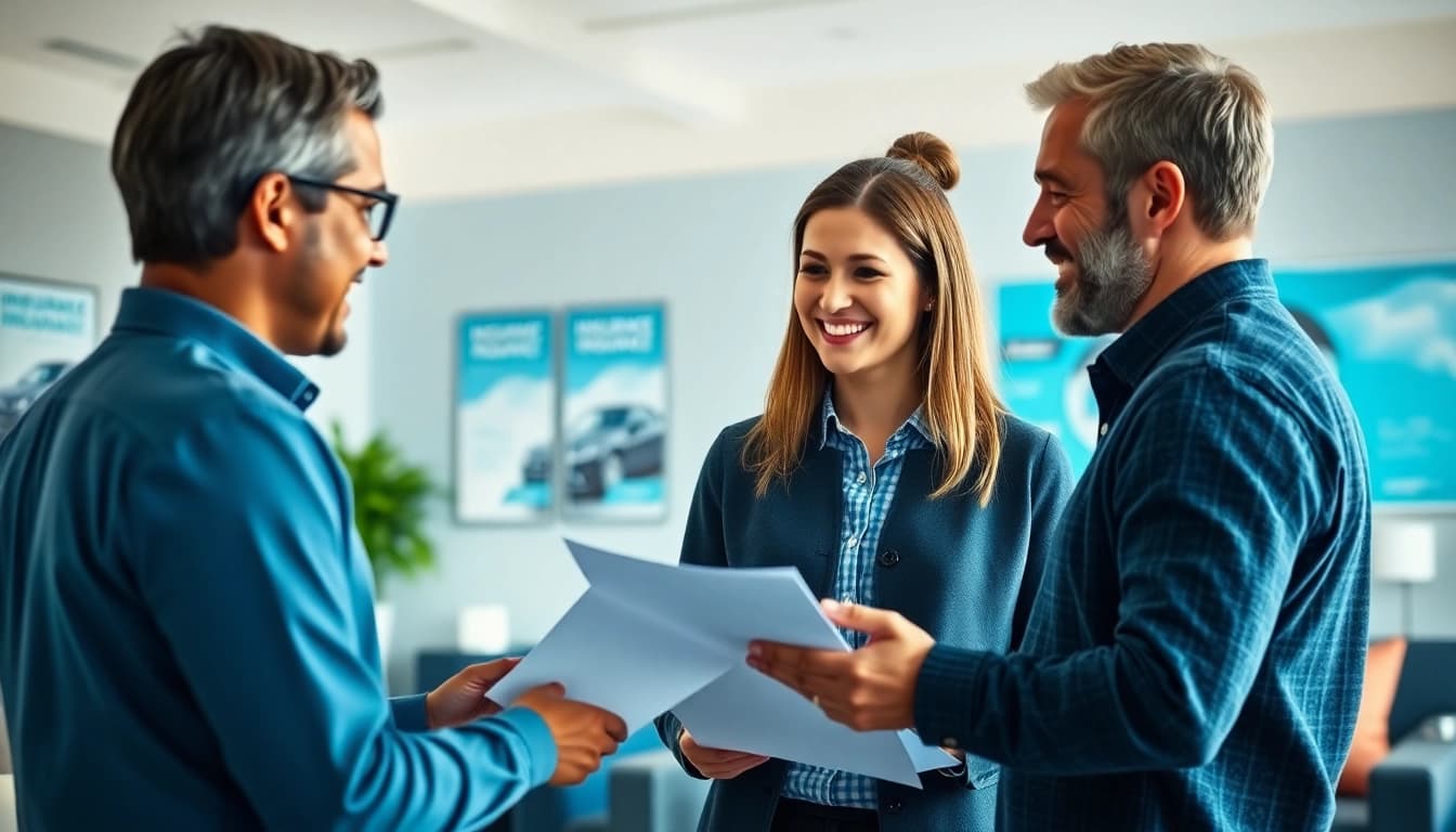 Assurervoitureenligne.fr agents advising clients on car insurance policies.