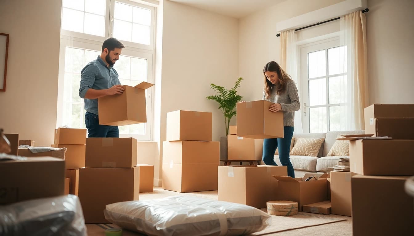 Packing services for moving with professional packers organizing boxes in a bright living room