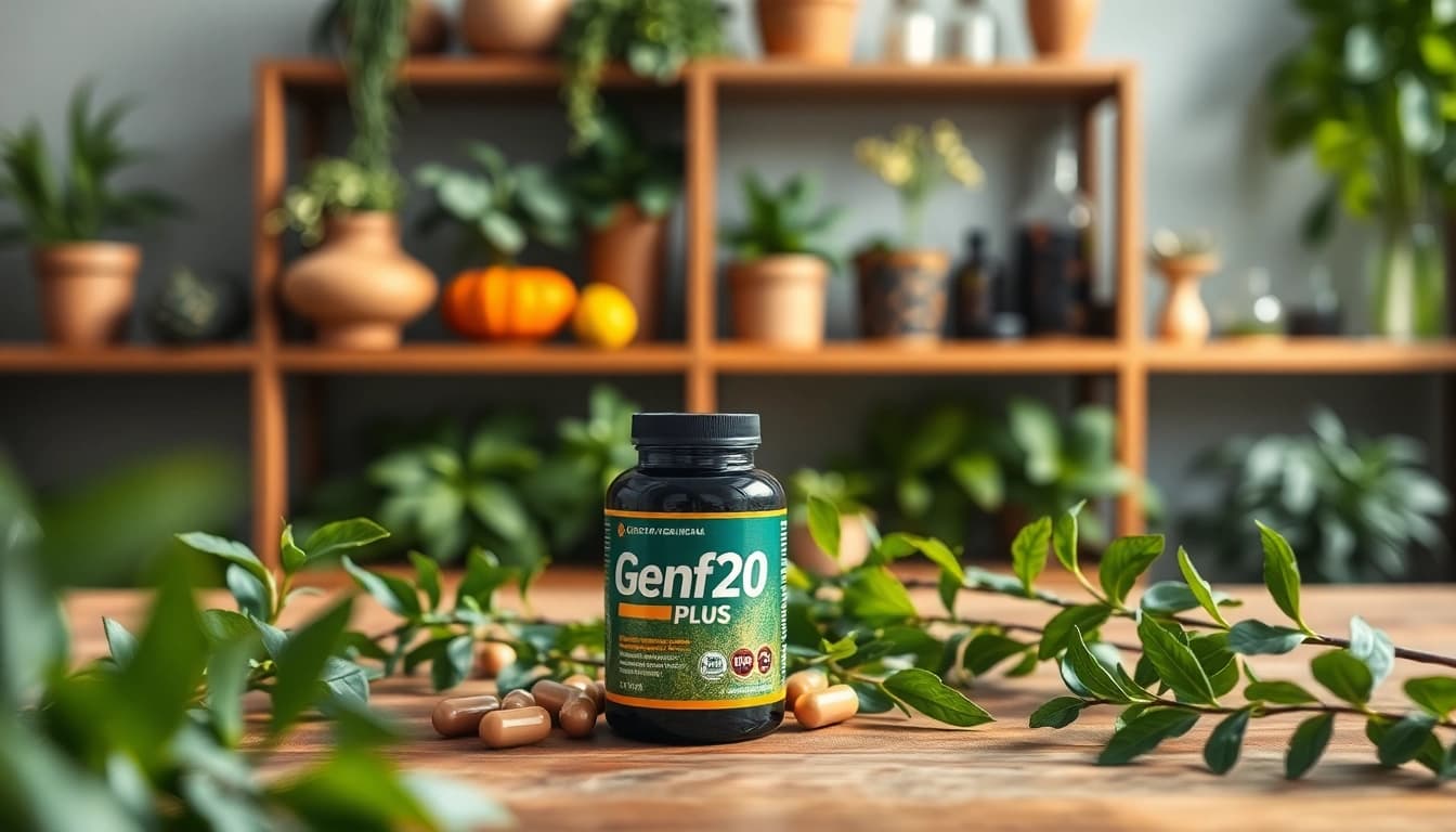 Showcasing Genf20 Plus supplements emphasizing health and vitality on a wooden table.