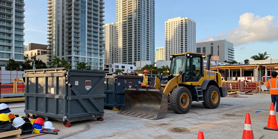 Reliable dumpster rental Pompano Beach FL at active construction site with contractor, roll-off dumpsters, and tools