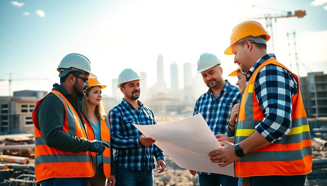 Showcasing construction association Colorado workers collaborating at a building site.