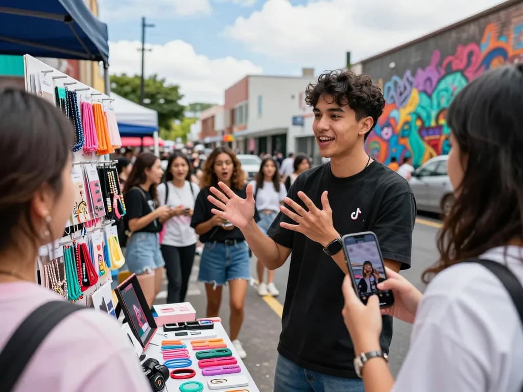 Engaging TikTok Shop scene highlighting the profitability of selling through TikTok in 2026 with young entrepreneur and vibrant street market.
