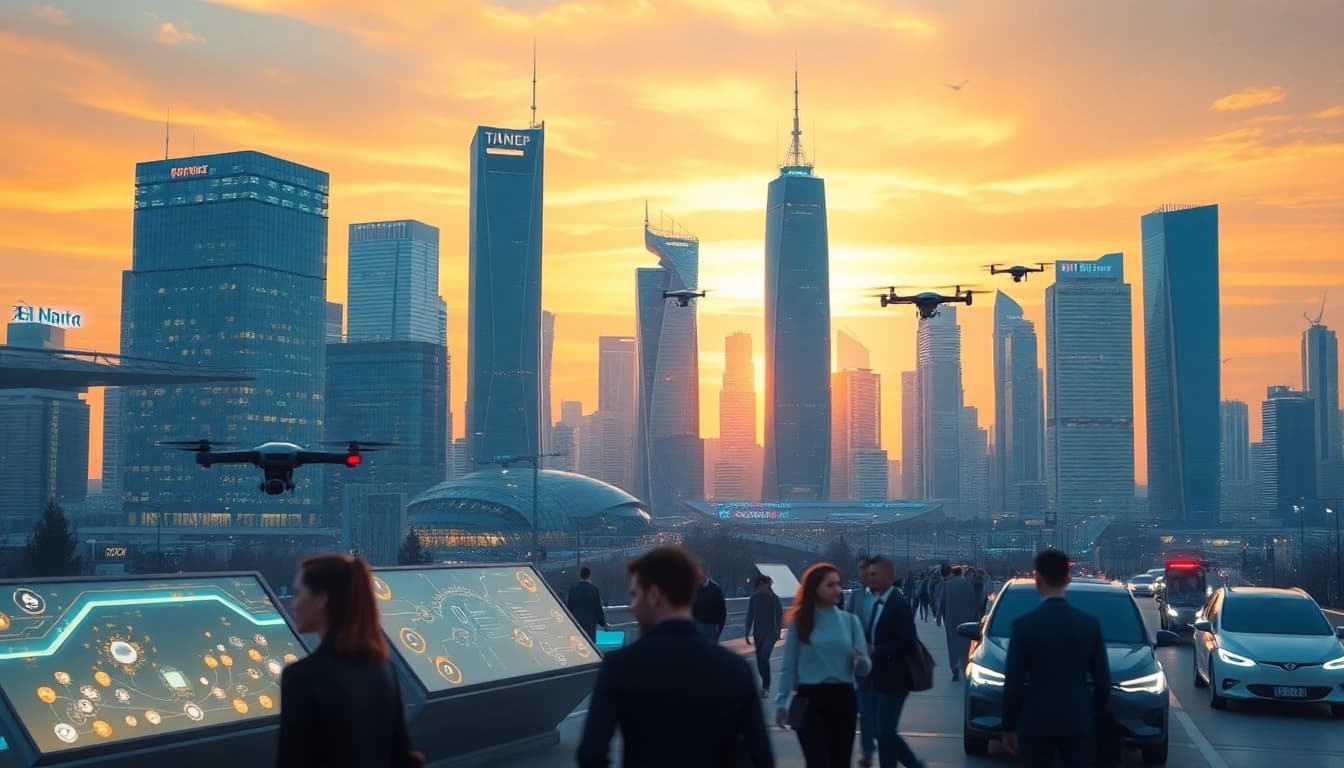 Imagine the impact of technology on society at https://mohamedmmblog.tech, featuring a futuristic cityscape.
