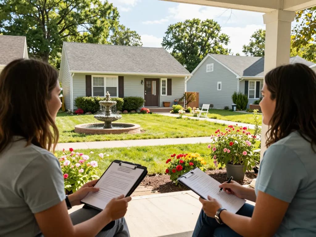 Cash home buyers discussing a sale with a realtor at a suburban home.