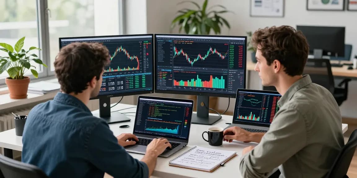 Developer analyzing Germany stock real-time API data on dual monitors in a modern workspace