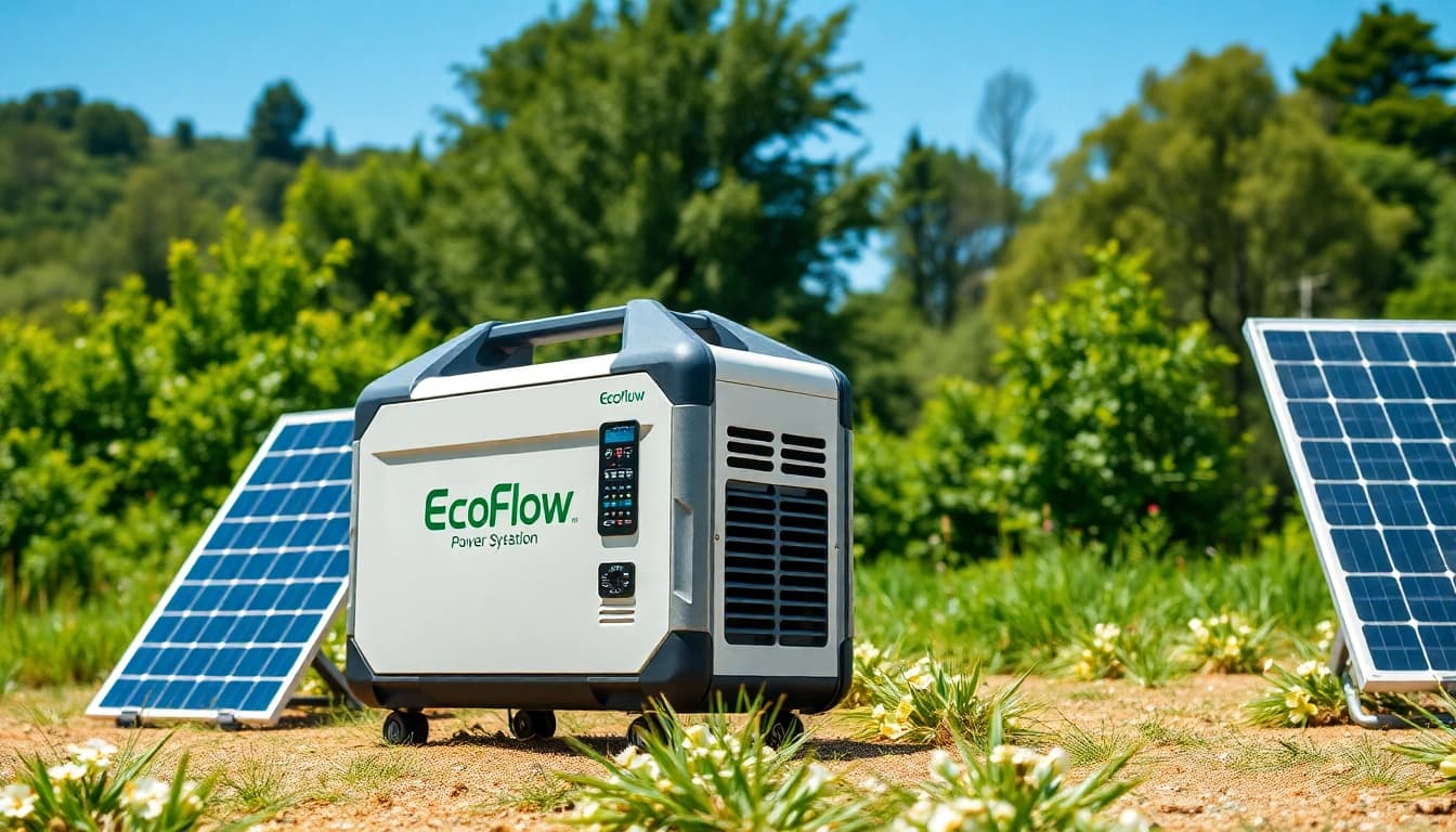 EcoFlow power station powering devices in an eco-friendly outdoor setting.