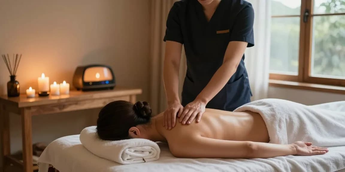 두정동마사지 스웨디시 마사지를 받고 있는 고객과 마사지사, 편안한 스파 환경을 표현한 이미지입니다.