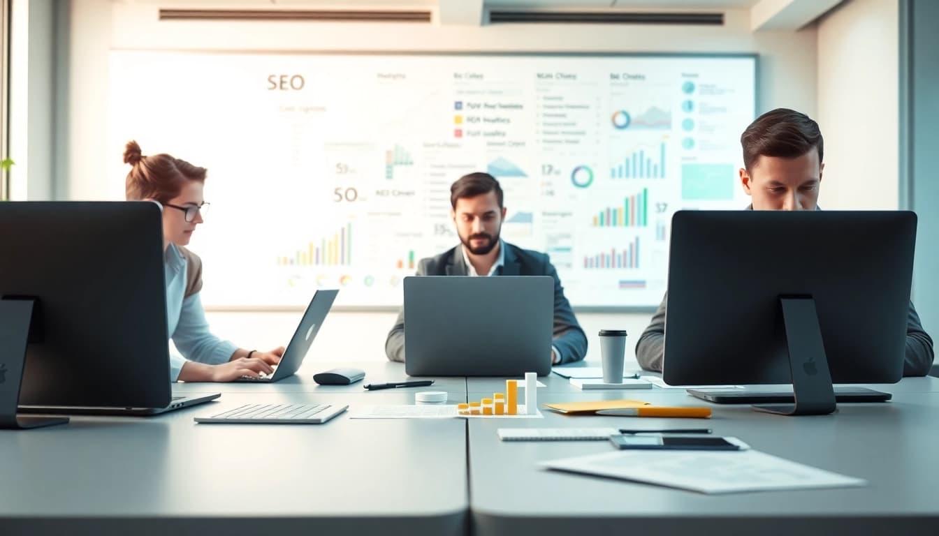 Agentur für Suchmaschinenoptimierung analysiert digitale Daten in einem modernen Büro.