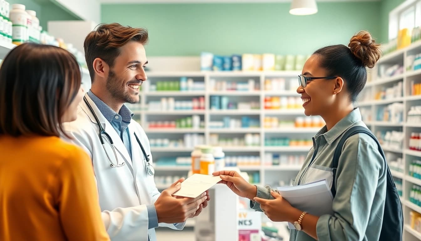 MediClick Pharmacy pharmacist assisting a customer with prescriptions in a welcoming setting.
