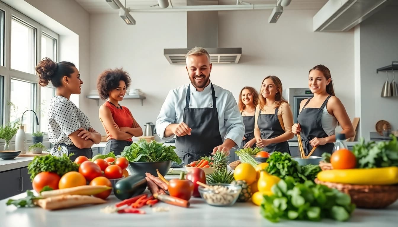 Dive into a vibrant cooking class at dishfacts.com with hands-on learning and fresh ingredients.