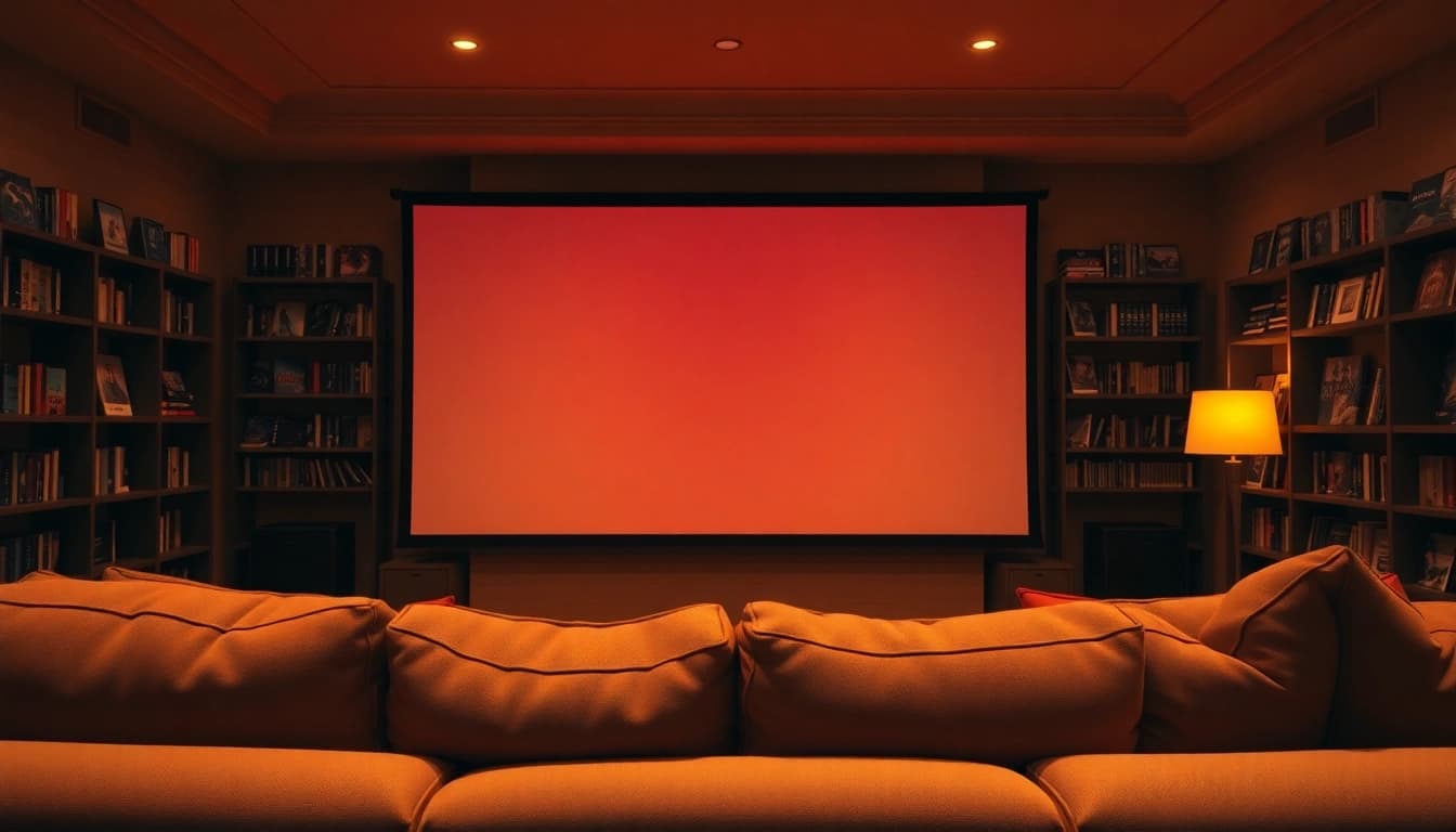 ดูหนังที่ 7-hd.com บนโปรเจคเตอร์ในห้องรับแขกที่อบอุ่น