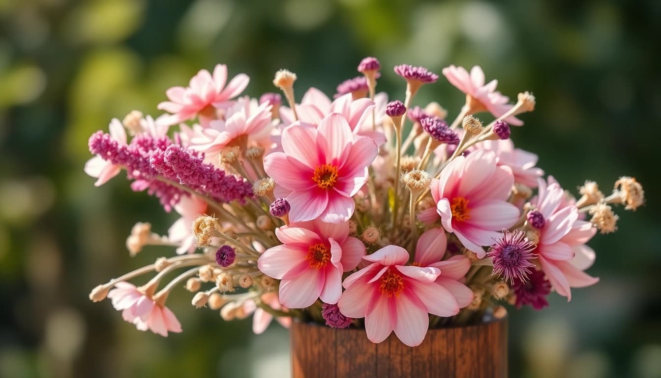 Display of dried flowers in a rustic vase, showcasing vibrant colors and textures.