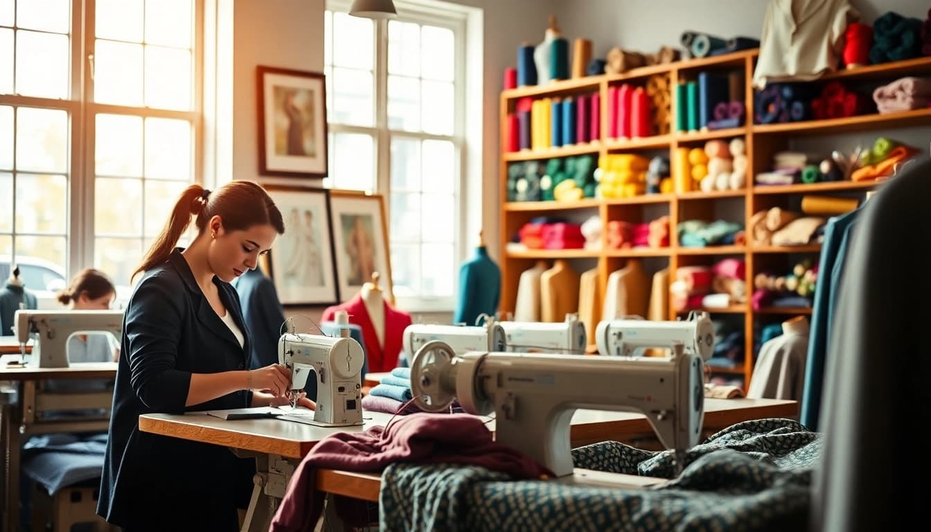 Tailor shop Nashville showcasing skilled artisans crafting bespoke garments in a bright studio.